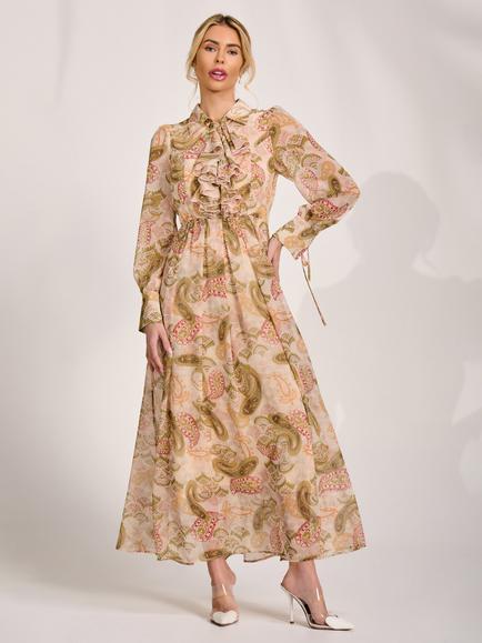 Jolie Moi Paisley Ruffle Shirt Dress, Beige, Beige