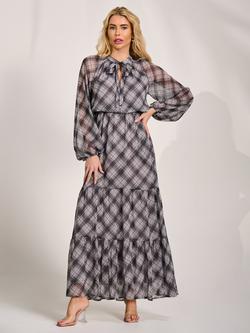 Jolie Moi Tie Neck Check Maxi Dress, Black, Black