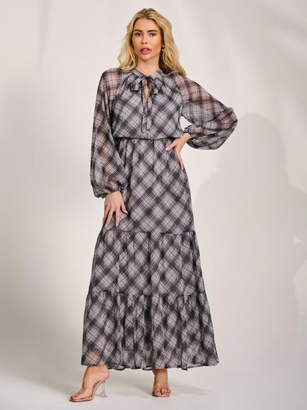 Jolie Moi Tie Neck Check Maxi Dress, Black, Black