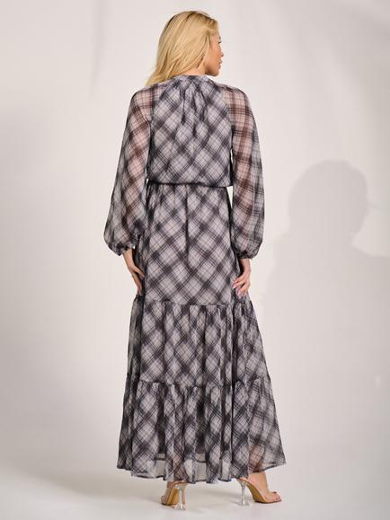 Jolie Moi Tie Neck Check Maxi Dress, Black - view 2, Black
