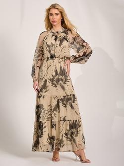 Jolie Moi Tie Neck Floral Maxi Dress, Beige Pattern, Beige Pattern