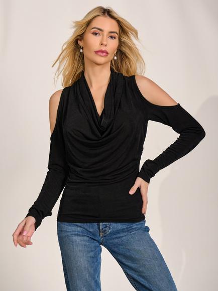 Jolie Moi Cowl Neck Cold Shoulder Top, Black, Black