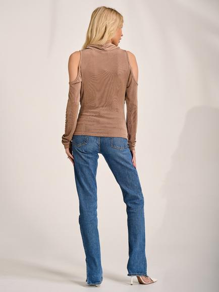 Jolie Moi Cowl Neck Cold Shoulder Top, Mocha - view 2, Mocha