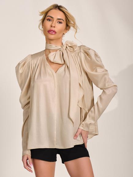 Jolie Moi Tie Neck Satin Puff Sleeve Blouse, Champagne, Champagne