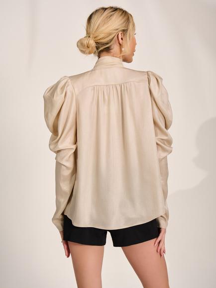Jolie Moi Tie Neck Satin Puff Sleeve Blouse, Champagne - view 2, Champagne