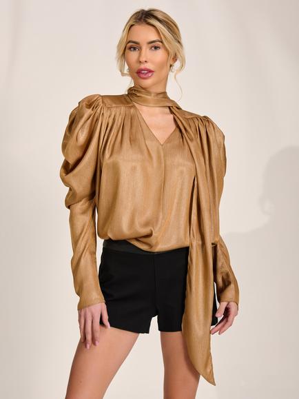 Jolie Moi Tie Neck Satin Puff Sleeve Blouse, Golden Mocha, Golden Mocha