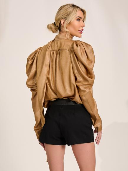Jolie Moi Tie Neck Satin Puff Sleeve Blouse, Golden Mocha - view 2, Golden Mocha