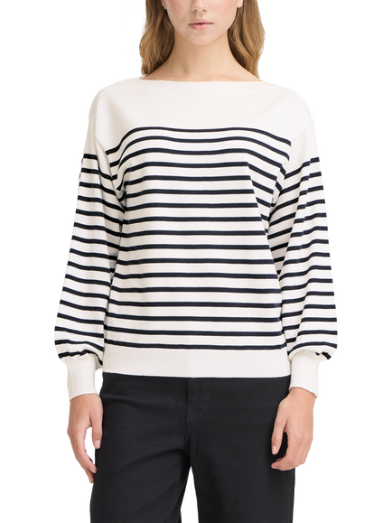 ICHI Luls Boat Neck Stripe Jumper, White, White