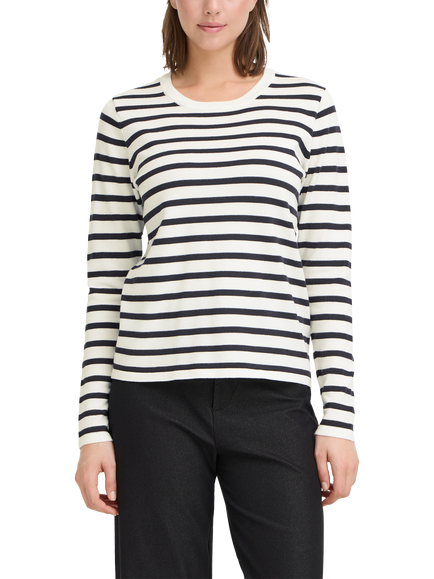 ICHI Luls Round Neck Stripe Jumper, White, White