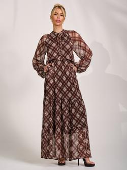 Jolie Moi Tie Neck Check Sheer Sleeve Dress, Brown, Brown