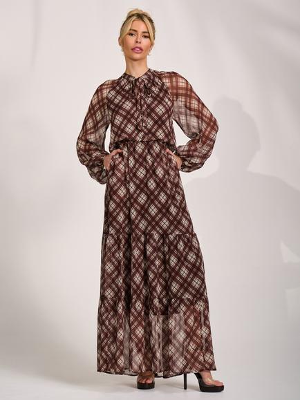 Jolie Moi Tie Neck Check Sheer Sleeve Dress, Brown, Brown