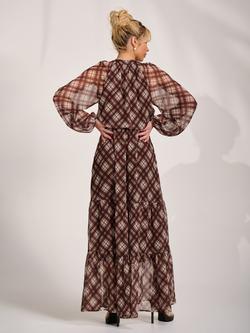 Jolie Moi Tie Neck Check Sheer Sleeve Dress, Brown - view 2, Brown