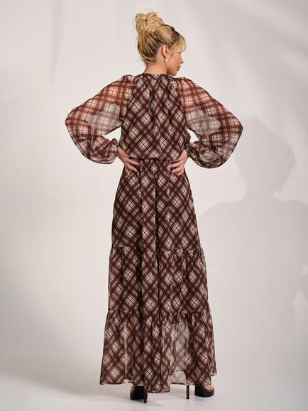 Jolie Moi Tie Neck Check Sheer Sleeve Dress, Brown - view 2, Brown