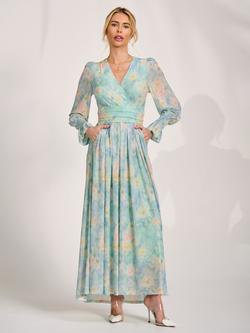Jolie Moi Sheer Sleeve Wrap Maxi Dress, Green Abstract, Green Abstract