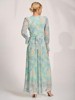 Jolie Moi Sheer Sleeve Wrap Maxi Dress, Green Abstract - view 2, Green Abstract