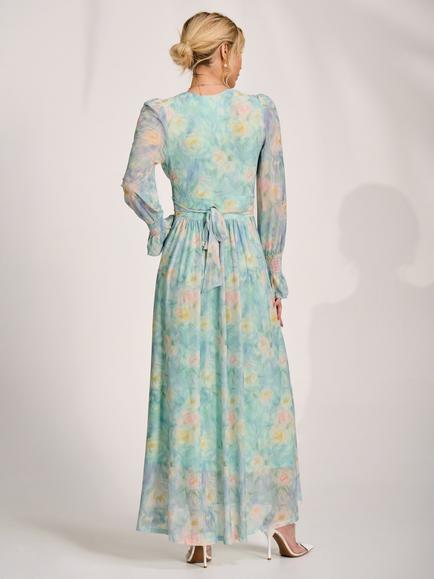 Jolie Moi Sheer Sleeve Wrap Maxi Dress, Green Abstract - view 2, Green Abstract