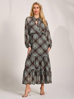 Jolie Moi Tie Neck Check Sheer Sleeve Dress, Brown, Brown