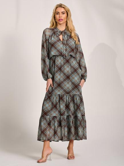 Jolie Moi Tie Neck Check Sheer Sleeve Dress, Brown, Brown