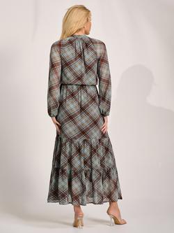 Jolie Moi Tie Neck Check Sheer Sleeve Dress, Brown - view 2, Brown