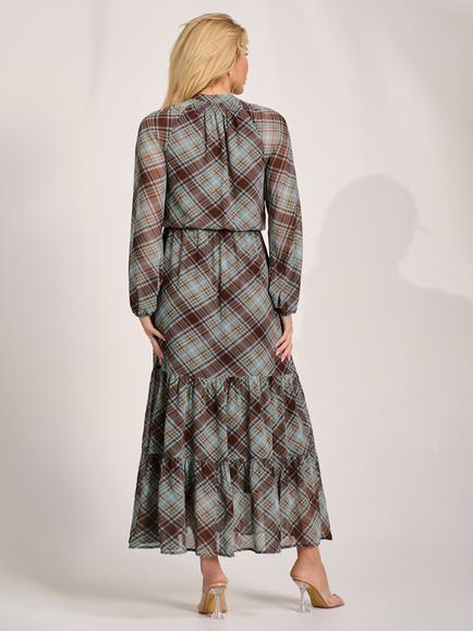 Jolie Moi Tie Neck Check Sheer Sleeve Dress, Brown - view 2, Brown
