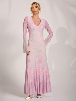 Jolie Moi V-Neck Mesh Maxi Dress, Pink Multi, Pink Multi