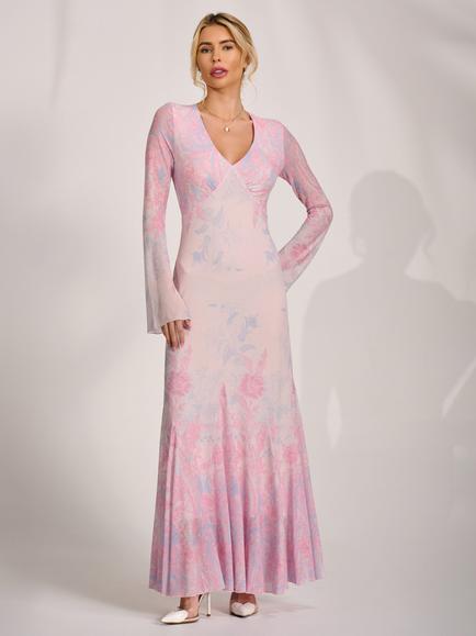 Jolie Moi V-Neck Mesh Maxi Dress, Pink Multi, Pink Multi