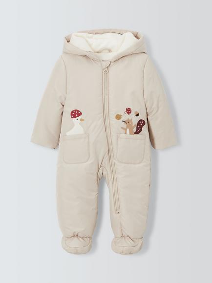 John Lewis Baby Squirrel Embroidered Snowsuit, Natural Multi