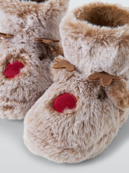 John Lewis Kids' Reindeer Boot Slippers, Brown - view 2, Brown