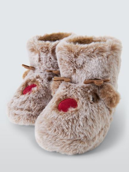 John Lewis Kids' Reindeer Boot Slippers, Brown, Brown