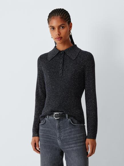 John Lewis AND/OR Long Sleeve Lurex Polo Shirt, Black, Black