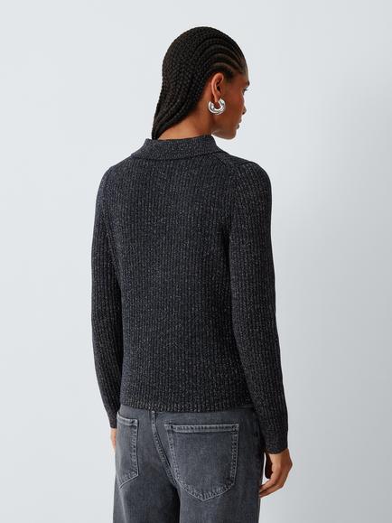 John Lewis AND/OR Long Sleeve Lurex Polo Shirt, Black - view 2, Black