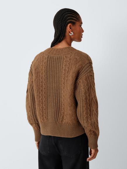 AND/OR V-Neck Cable Knit Jumper, Mole - view 2, Mole