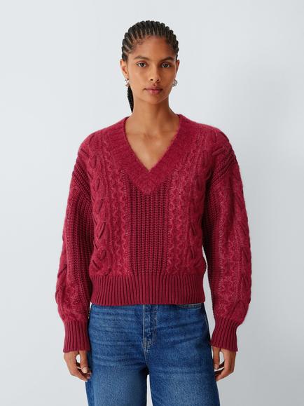 AND/OR V-Neck Cable Knit Jumper, Burgundy