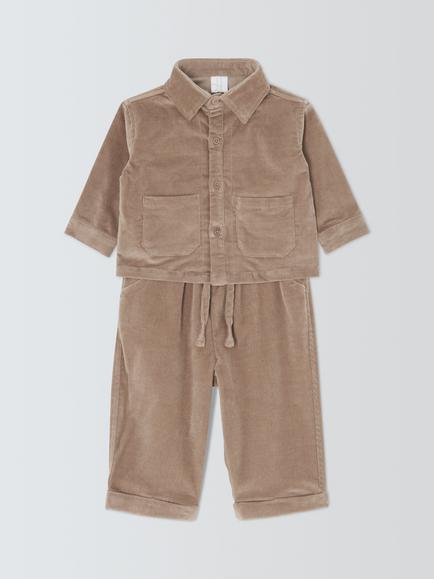 John Lewis Baby Cotton Corduroy Textured Shirt & Trousers Set, Putty, Putty