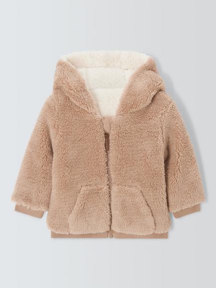 John Lewis Baby Reversible Fleece Bear Hoodie, Natural, Natural