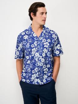 Crew Clothing Linen Blend Regular Fit Floral Revere Collar Shirt, Bright Blue, Bright Blue