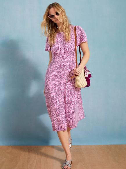 Crew Clothing Jenna Hibiscus Floral Midi Dress containing LENZING™ ECOVERO™ Viscose, Pastel Pink