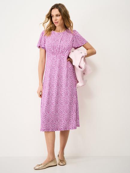 Crew Clothing Jenna Hibiscus Floral Midi Dress containing LENZING™ ECOVERO™ Viscose - view 2, Pastel Pink