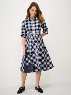Crew Clothing Ellie Gingham Belted Shirt Dress, Navy Blue, Navy Blue