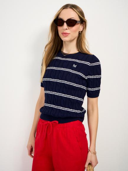 Crew Clothing Summer Heritage Stripe Cable Knit Top, Dark Blue - view 2, Dark Blue