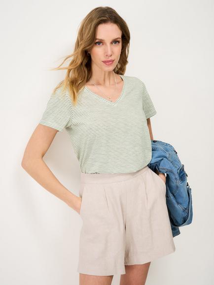 Crew Clothing Perfect V-Neck Stripe Slub T-Shirt, Emerald Green, Emerald Green