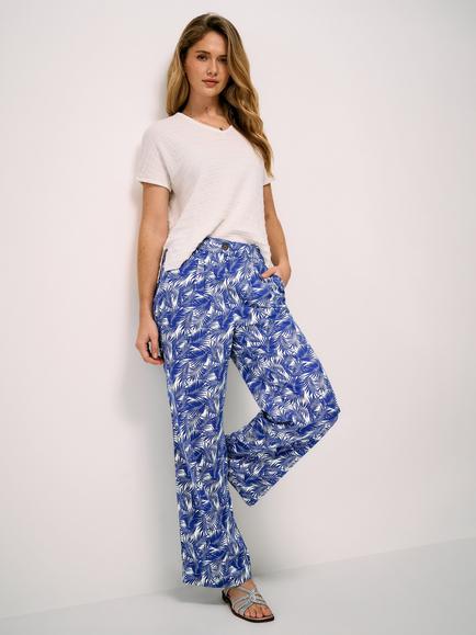 Crew Clothing Floral Linen Rich Wide Leg Trousers, Blue/White