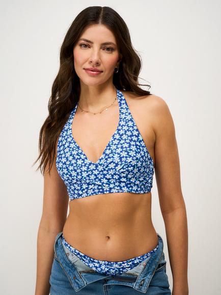 Crew Clothing Cross Over Ditsy Floral Bikini Top, Dark Blue, Dark Blue