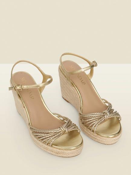 Sosandar Metallic Plaited Wedge Heel Sandals, Champagne Gold - view 2, Champagne Gold