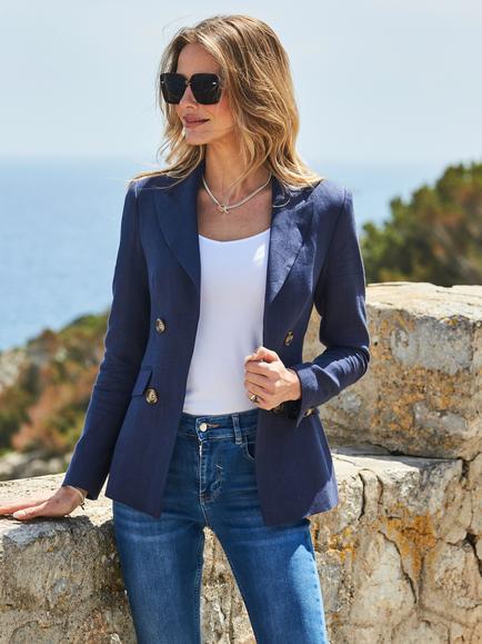 Sosandar Linen Rich Tailored Jacket, Navy Blue, Navy Blue