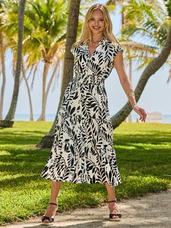 Sosandar Floral Shirred Waist Shirt Dress, Black/White, Black/White