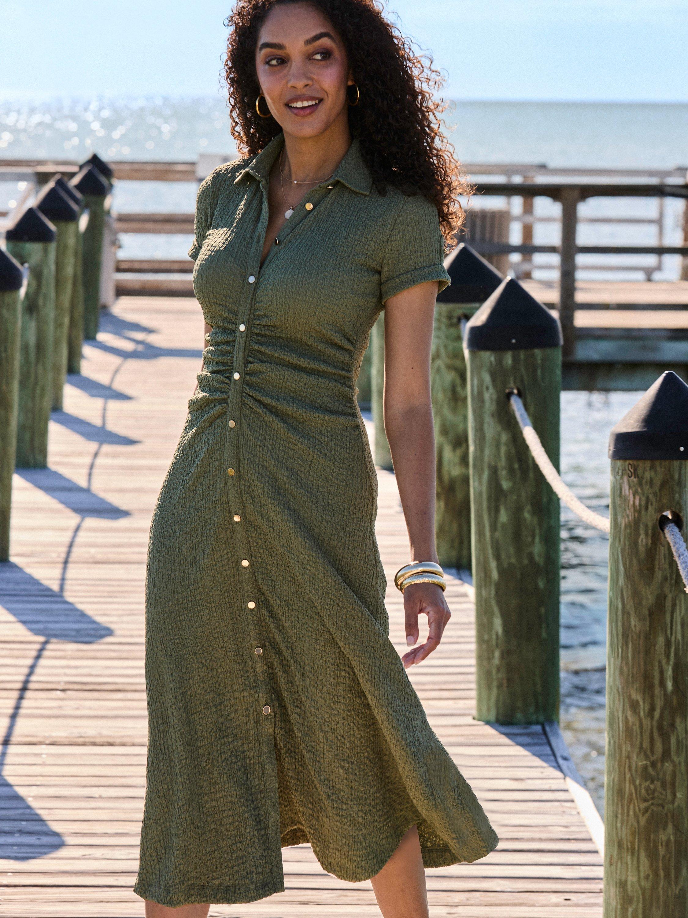 Sosandar Collar Textured Shirt Dress, Khaki Green