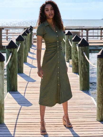 Sosandar Collar Textured Shirt Dress, Khaki Green - view 2, Khaki Green