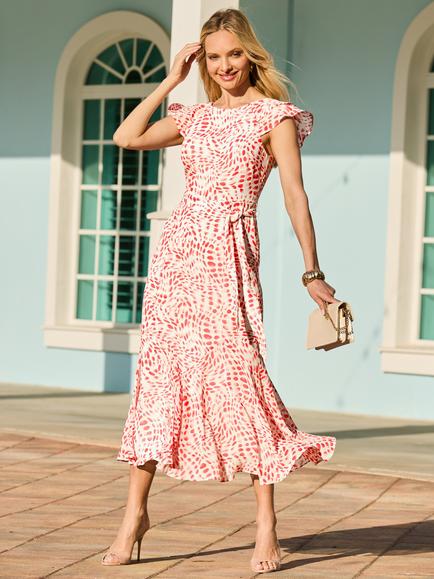 Sosandar Abstract Frill Hem Midaxi Dress, Coral/White, Coral/White