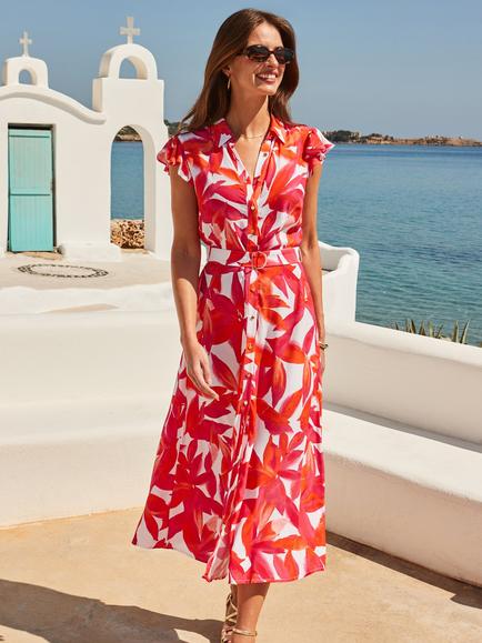 Sosandar Floral Shirt Midi Dress, Pink/Orange, Pink/Orange
